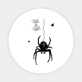 monochrome illustration of a spider with trick or treat typography Magnet